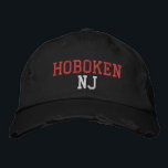 HOBOKEN NJ Red and White on Black Vintage Style Embroidered Hat<br><div class="desc">HOBOKEN NJ Red and White embroidery on Black distressed vintage style cotton hat. Embroidery is customisable to other colour choices by selecting the "Edit Design" tool button. Also available is the option to select choice of hat colour on the main item page.</div>
