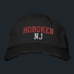 HOBOKEN NJ Red and White on Black Vintage Style Embroidered Hat<br><div class="desc">HOBOKEN NJ Red and White embroidery on Black distressed vintage style cotton hat. Embroidery is customisable to other colour choices by selecting the "Edit Design" tool button. Also available is the option to select choice of hat colour on the main item page.</div>