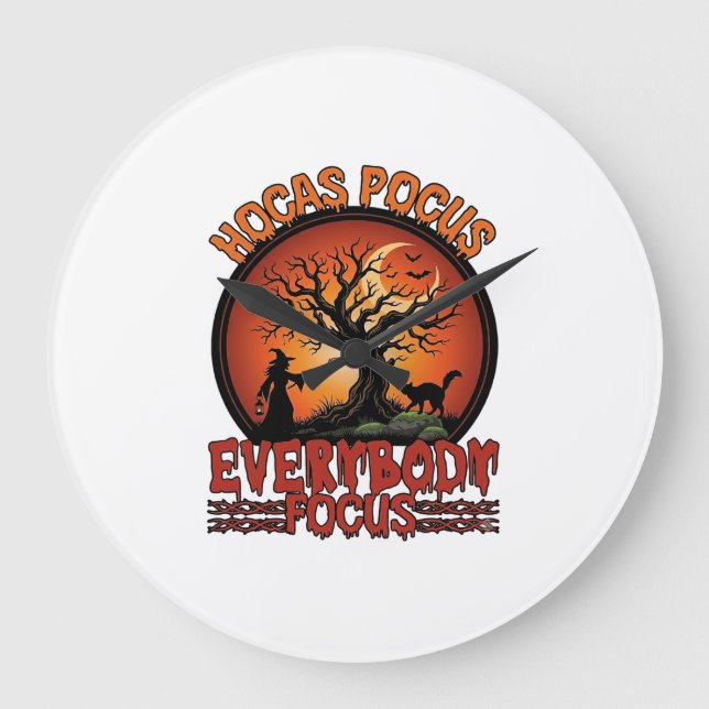 Hocas Pocus Everybody Focus Spooky Tree Witch Cat Large Clock (Front)
