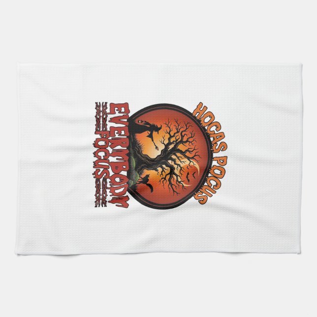 Hocas Pocus Everybody Focus Spooky Tree Witch Cat Tea Towel (Horizontal)