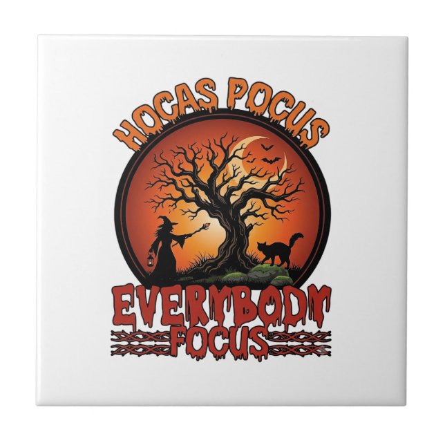 Hocas Pocus Everybody Focus Spooky Tree Witch Cat Tile (Front)