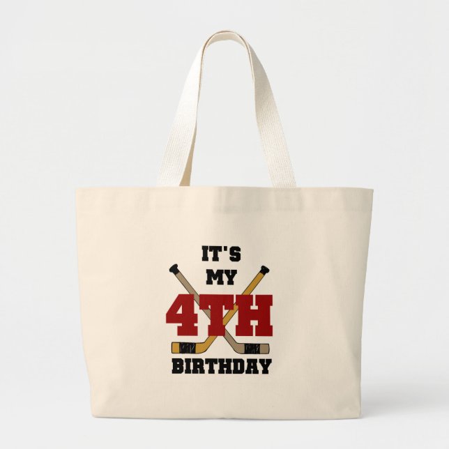 Hockey 4th Birthday Tshirts and Gifts Large Tote Bag (Front)