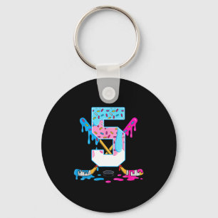 Hockey 5 Years Old Ice Cream Drip 5th Birthday Kid Key Ring