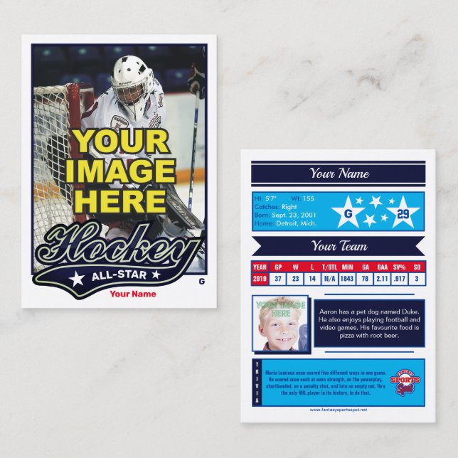 Hockey All-Star - Goalie Stats Calling Card (Front/Back)