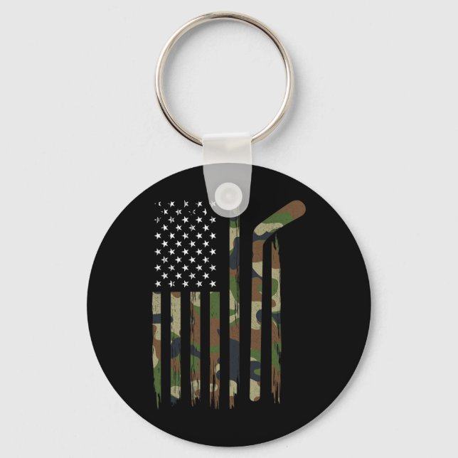 Hockey American Flag  Camo US Patriotic Hockey Pla Key Ring (Front)
