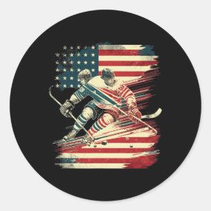 Hockey American Flag Patriotic USA Classic Round Sticker