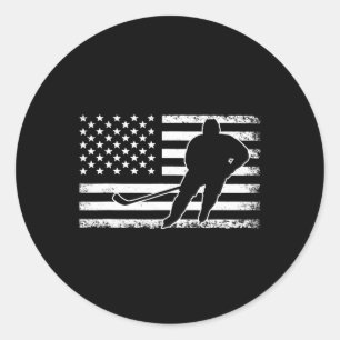 Hockey American USA Flag Ice Hockey Player Men Wom Classic Round Sticker
