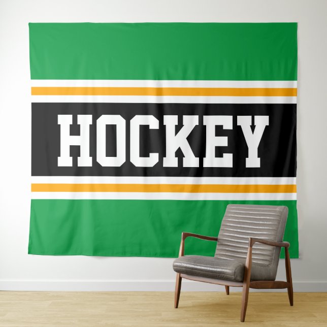 HOCKEY Athletic Bright Green Black Yellow Stripes Tapestry (In Situ (Horizontal))