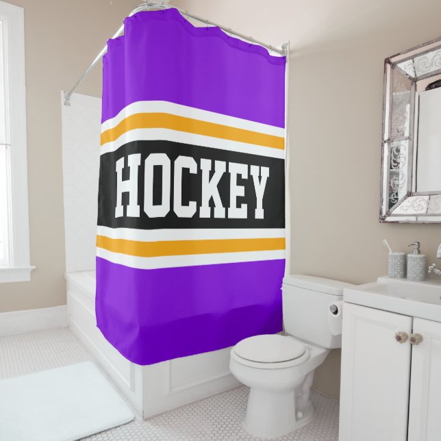 HOCKEY Athletic Bright Purple Black Yellow Stripes Shower Curtain (In Situ)