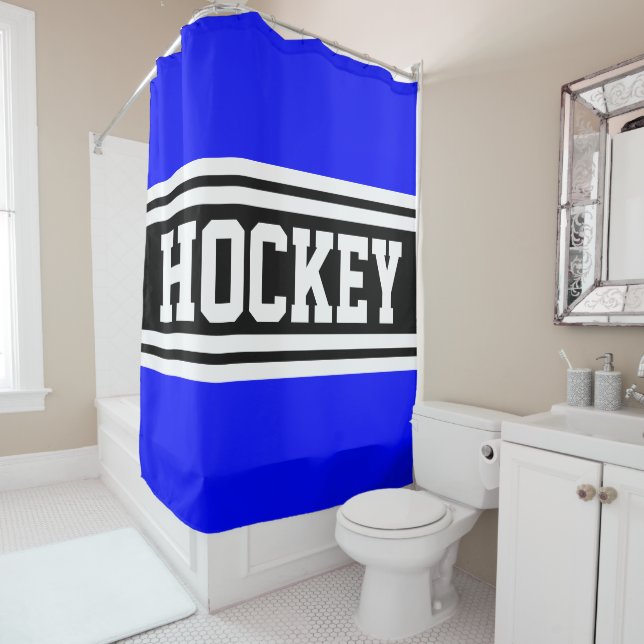 HOCKEY Athletic Royal Blue Black Racing Stripes Shower Curtain (In Situ)