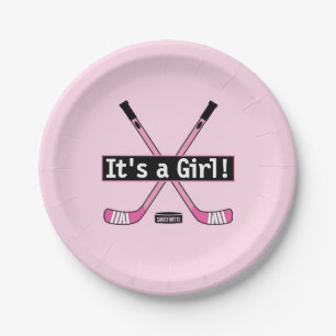 Hockey Baby It's a Girl Pink Hockey Sticks Paper Plate