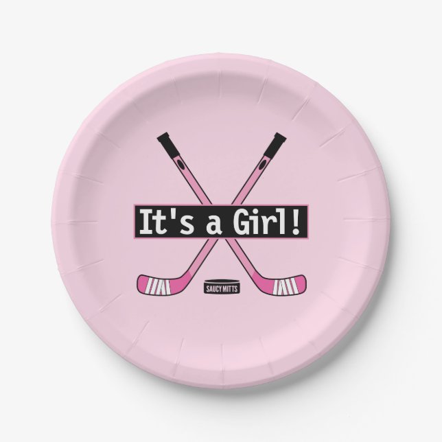 Hockey Baby It's a Girl Pink Hockey Sticks Paper Plate (Front)