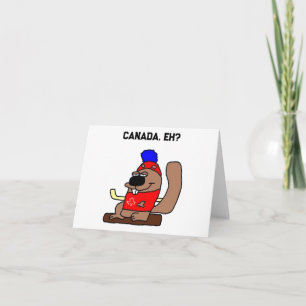 Hockey Beaver Cartoon in Red Maple Leaf Shirt Card