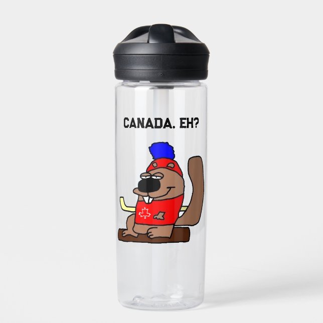 Hockey Beaver Cartoon in Red Maple Leaf Shirt Water Bottle (Front)