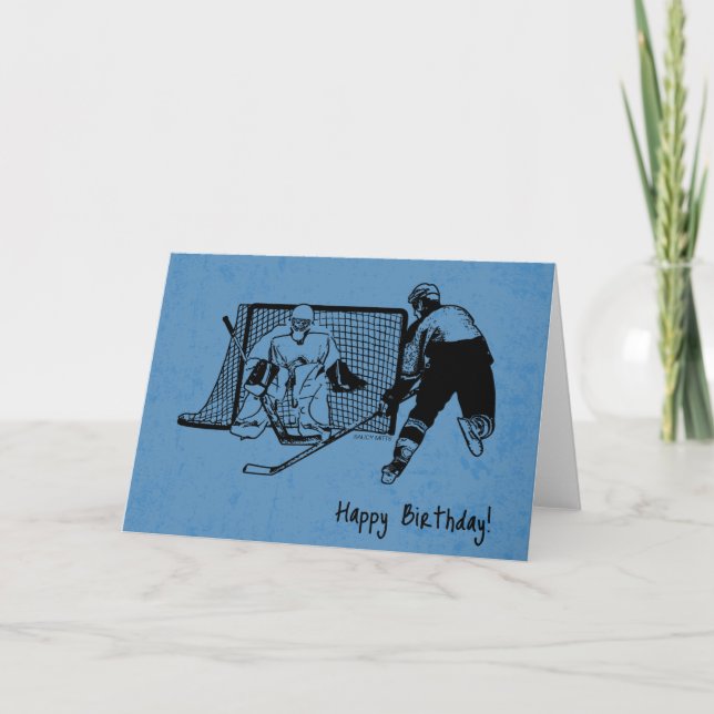 Hockey Birthday Card Ink Sketch on Blue (Front)
