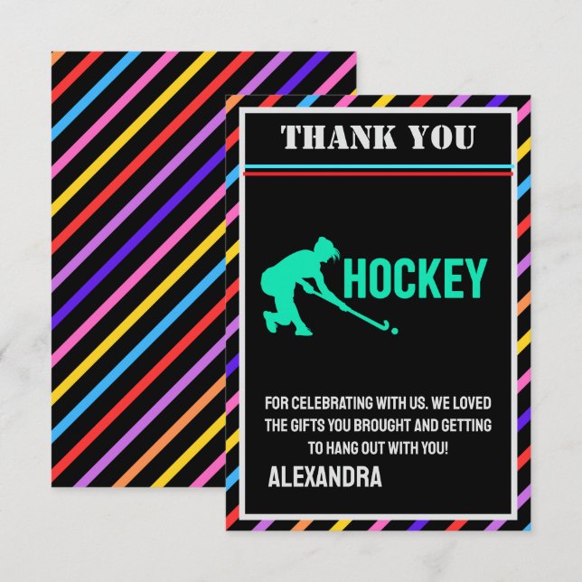 Hockey Birthday Party, Hockey Girl Player  Thank You Card (Front/Back)