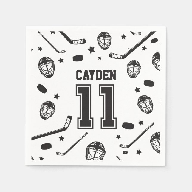 Hockey black and White 11th Birthday Napkin (Front)