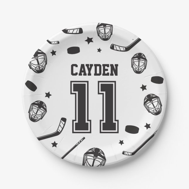 Hockey black and White 11th Birthday Paper Plate (Front)