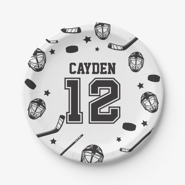 Hockey black and White 12th Birthday Paper Plate (Front)