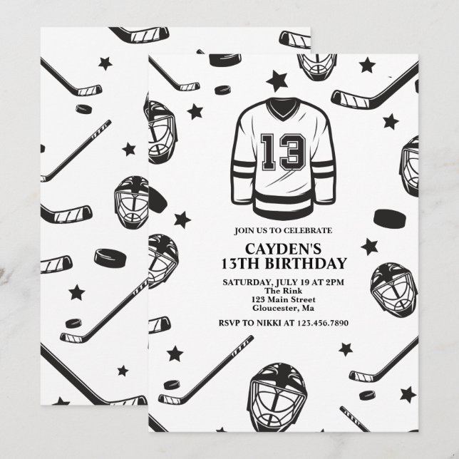 Hockey black and White 13th Birthday Invitation (Front/Back)