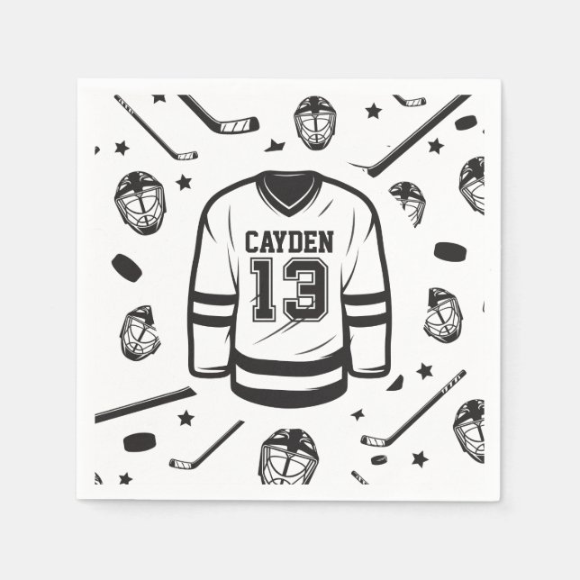 Hockey black and White 13th Birthday Napkin (Front)