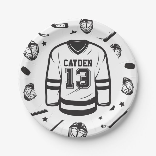 Hockey black and White 13th Birthday Paper Plate (Front)