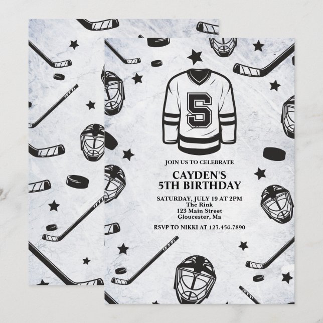 Hockey black and White 5th Birthday Invitation (Front/Back)