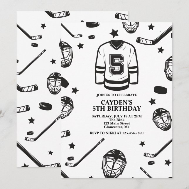 Hockey black and White 5th Birthday Invitation (Front/Back)