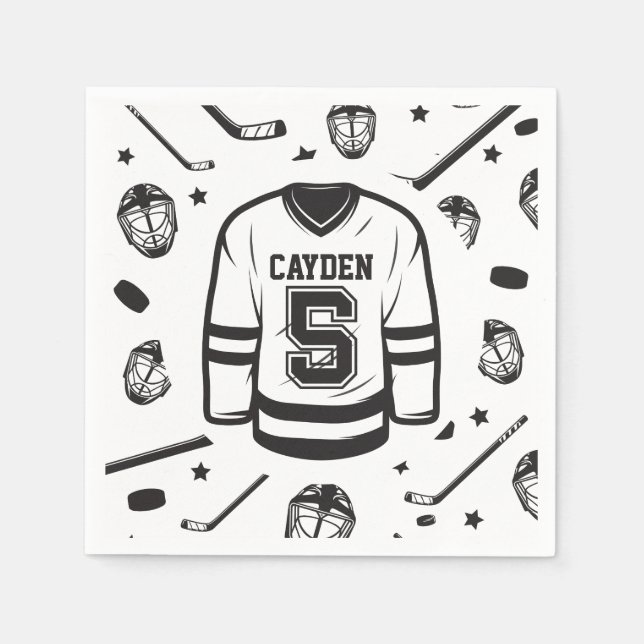 Hockey black and White 5th Birthday Napkin (Front)