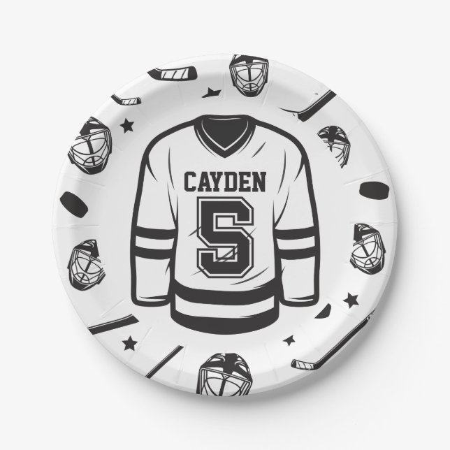 Hockey black and White 5th Birthday Paper Plate (Front)