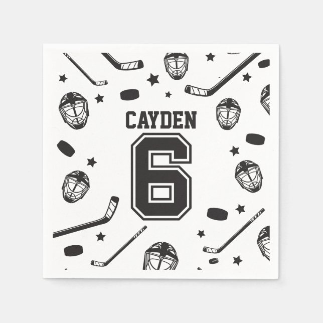 Hockey black and White 6th Birthday Napkin (Front)