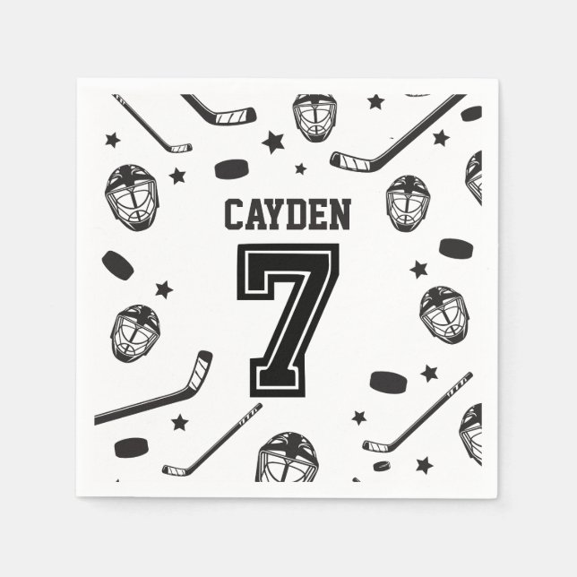 Hockey black and White 7th Birthday Napkin (Front)
