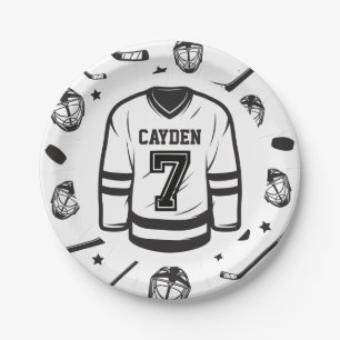 Hockey black and White 7th Birthday Paper Plate