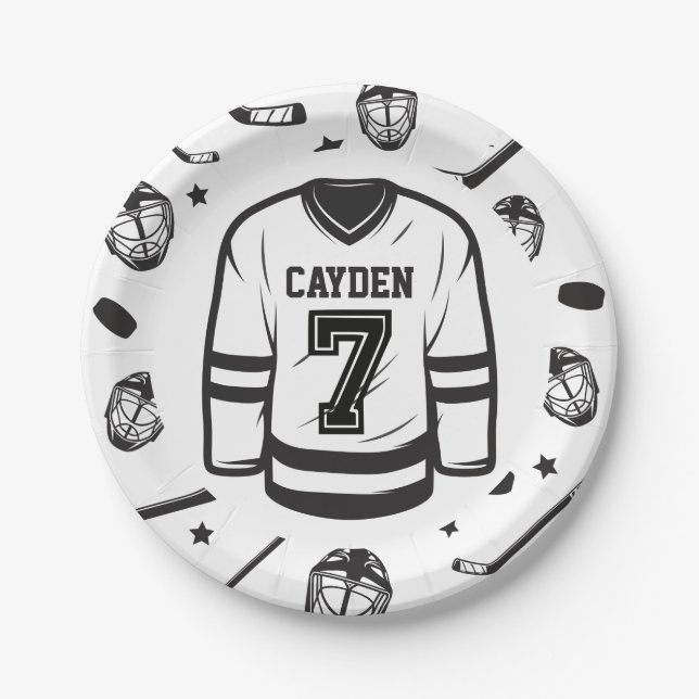 Hockey black and White 7th Birthday Paper Plate (Front)