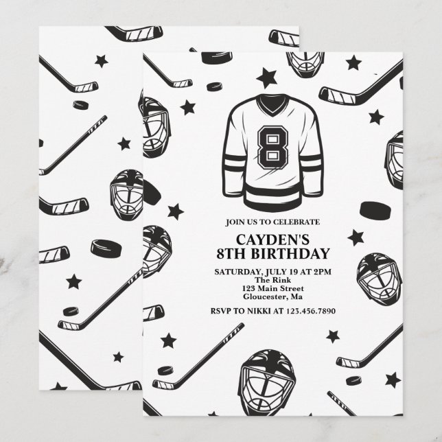 Hockey black and White 8th Birthday Invitation (Front/Back)