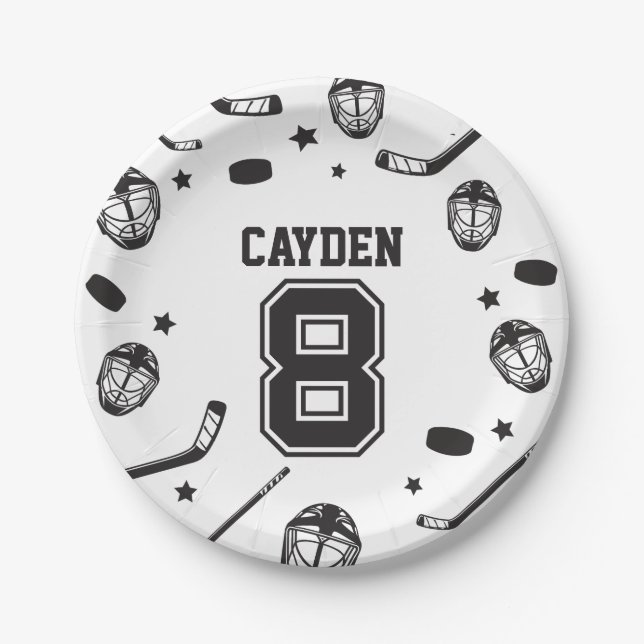 Hockey black and White 8th Birthday Paper Plate (Front)