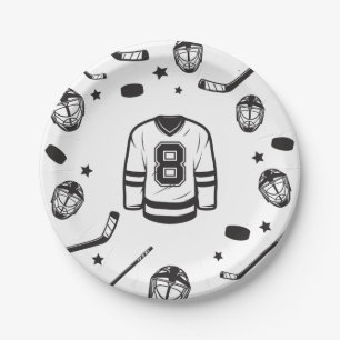 Hockey black and White 8th Birthday Paper Plate