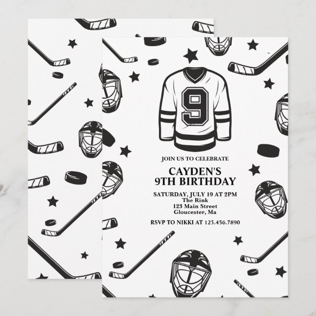 Hockey black and White 9th Birthday Invitation (Front/Back)