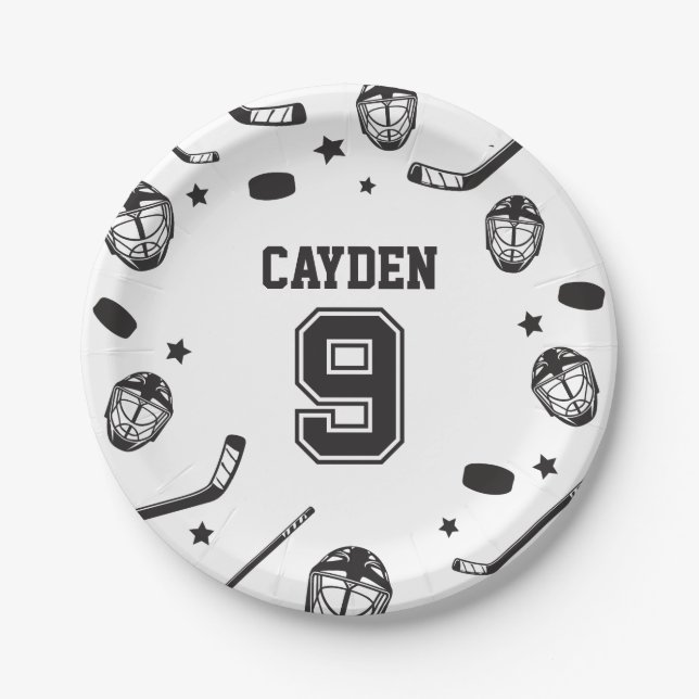 Hockey black and White 9th Birthday Paper Plate (Front)