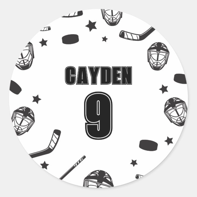 Hockey black and White Birthday Classic Round Sticker (Front)