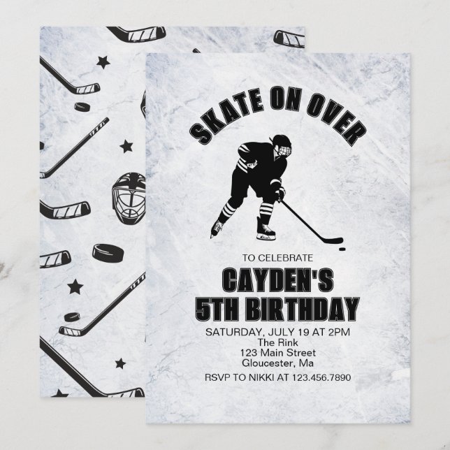 Hockey black and White Birthday Invitation (Front/Back)