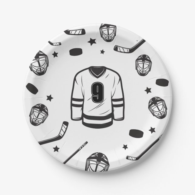 Hockey black and White Birthday Paper Plate (Front)