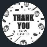 Hockey black and White Birthday Thank You Classic Round Sticker<br><div class="desc">Black and White Hockey Birthday thank you favour stickers.</div>