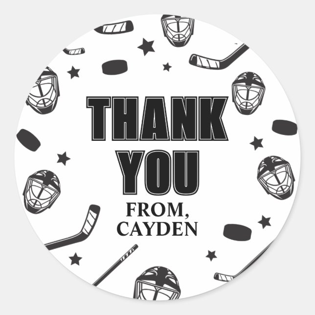 Hockey black and White Birthday Thank You Classic Round Sticker (Front)