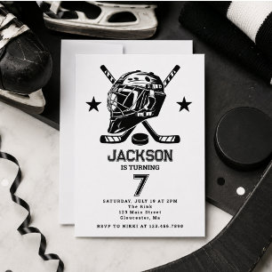 Hockey black and White Themed Kids Birthday Party Invitation