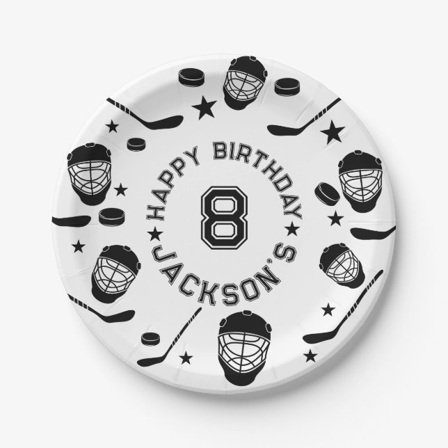 Hockey black and White Themed Kids Birthday Party Paper Plate (Front)