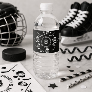 Hockey black and White Themed Kids Birthday Party Water Bottle Label