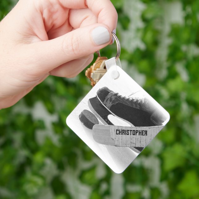 Hockey Black Skates Personalised Key Ring (Hand)