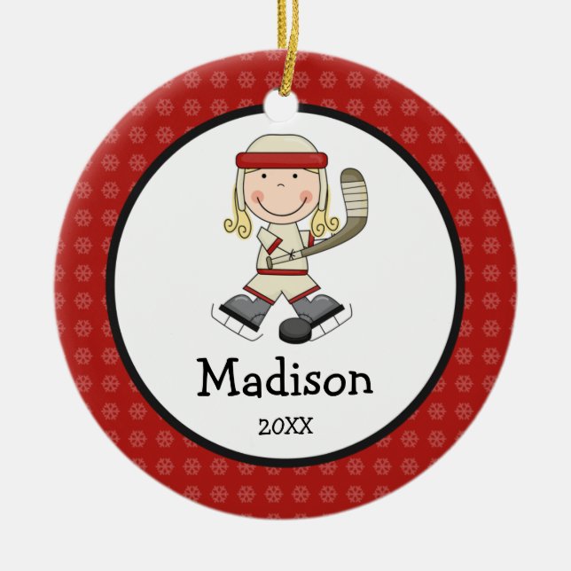 Hockey Blonde Girl Kids Personalised Christmas Ceramic Tree Decoration (Front)