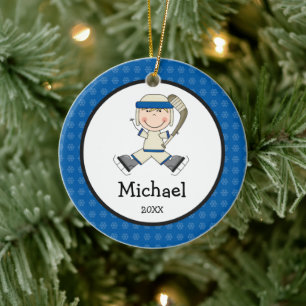 Hockey Boy Blonde Kids Personalised Christmas Ceramic Tree Decoration